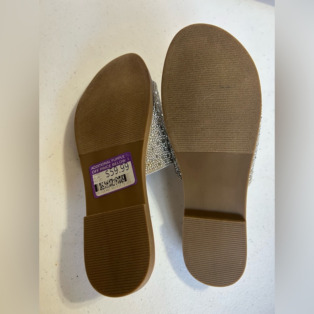 Steve Madden Sienna Rhinestone Sandal Women's 7M Flat Slip on SIlver Tan Sparkly - Picture 7 of 7